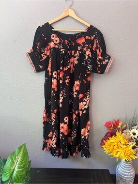 Black Floral Off-Shoulder Midi Dress with Ruffle Hem